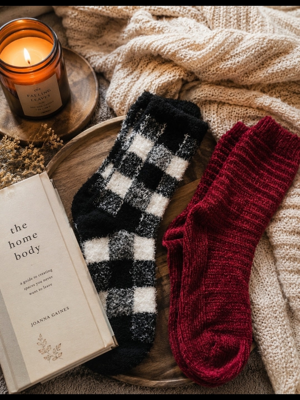 Cozy Plush Fuzzy Lounge Socks Buffalo Plaid Burgundy Soft Warm Winter Gift Set